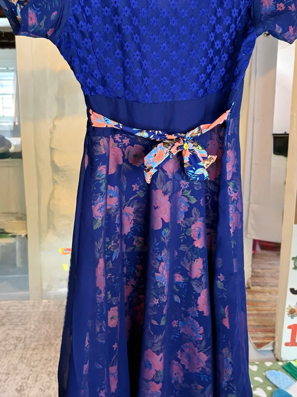 Girls' Floral Navy Blue Fit & Flare Dress with Zip Neck